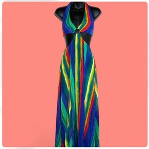 Forever 21 Women's Rainbow Cutout Maxi Dress S Tropical Summer Pride Festival